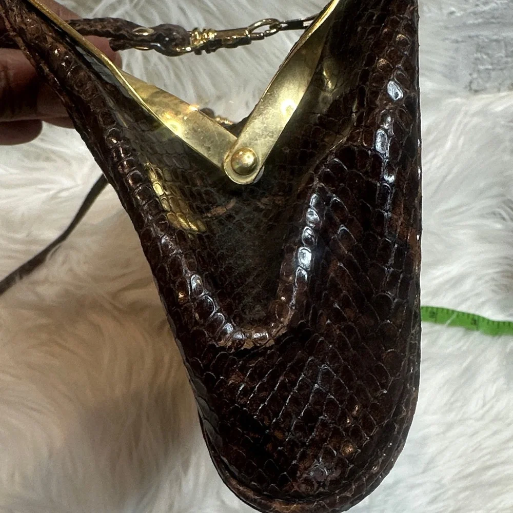 Preloved Elegant Vintage Italian Leather Brown Snakeskin Clutch Bag - Picture 9 of 16